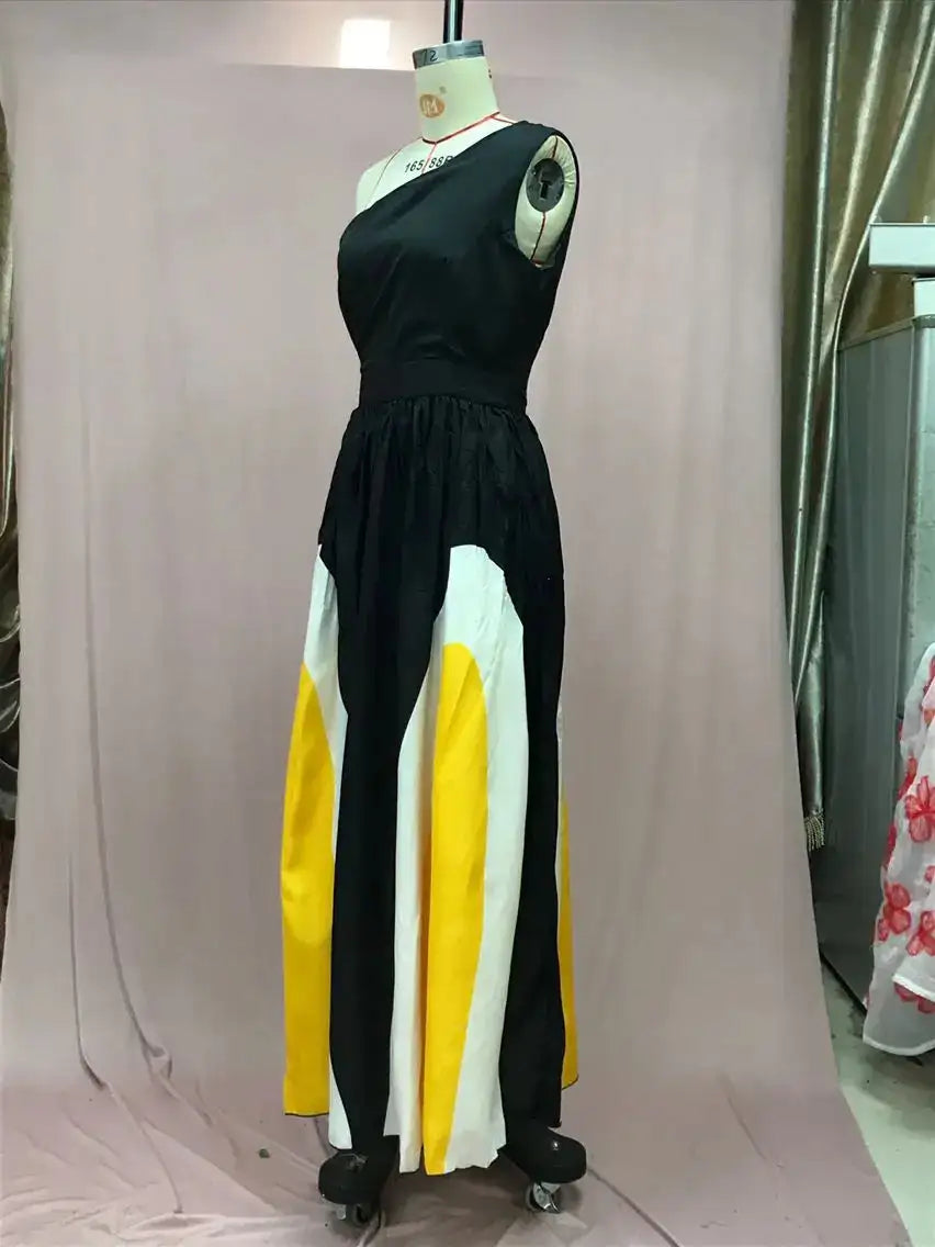 2024 Spring Summer New One Shoulder Dresses Women Splicing Print Off Shoulder Loose Long Dress Fashion Ladies Commuting Vestidos - Lootquake