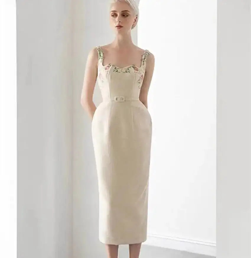 Runway Autumu Spaghetti Strap Bodycon Long Dress Sexy Women's Square Collar Embroidery Flower Sleeveless Tank Party Belt Dresses - Lootquake