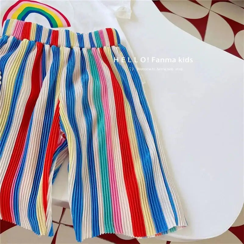 Baby Summer Set Children's Tops and Bottoms Suit New Girls Cute Short-Sleeved T-Shirt Rainbow Pleated Pants Two-Piece 12M-8Y - Lootquake