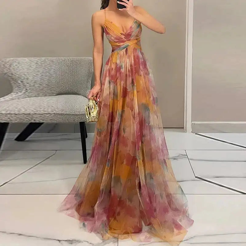 Elegant Print Pleated Mesh Evening Dress Sexy Off Shoulder Ins Vacation Long Dress Summer V Neck High Waist Backless Sling Dress - Lootquake