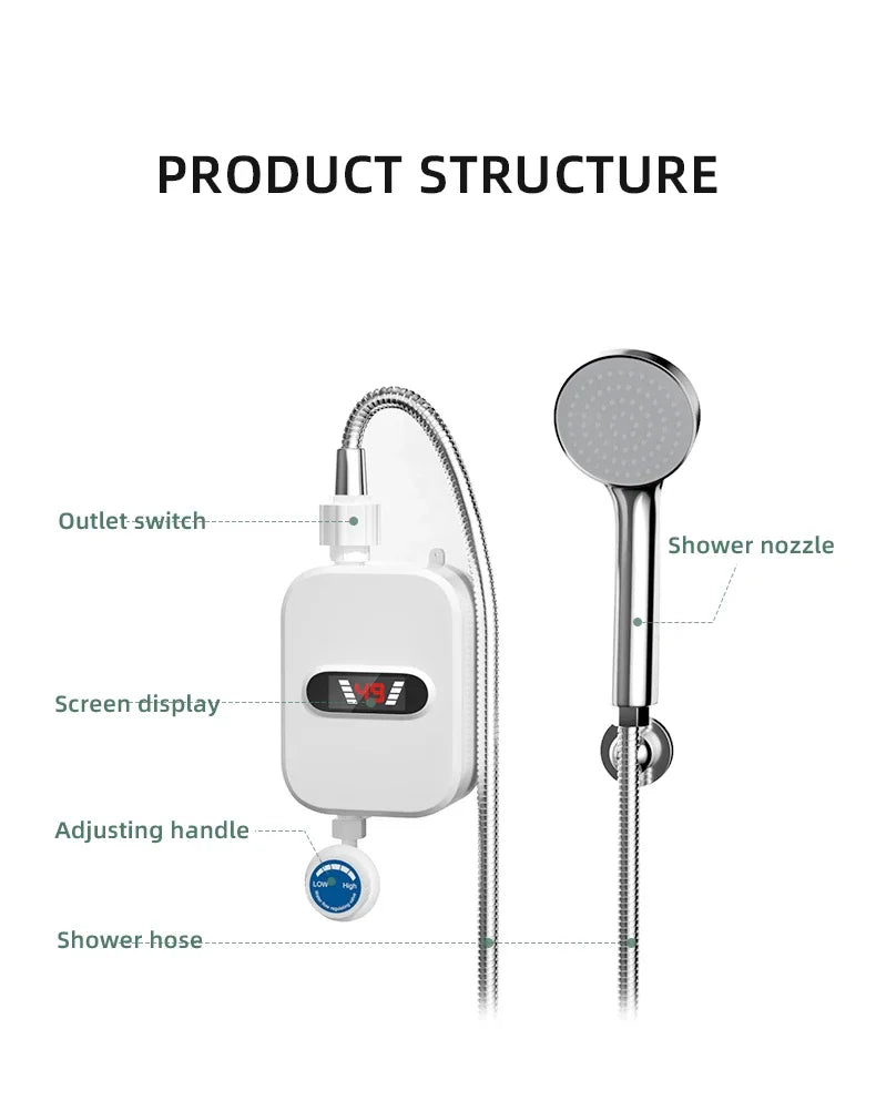 Chauffe-eau électrique instantané 3 500 W pour salle de bain, robinet de chauffage, chauffe-eau instantané en 3 secondes, pommeau de douche