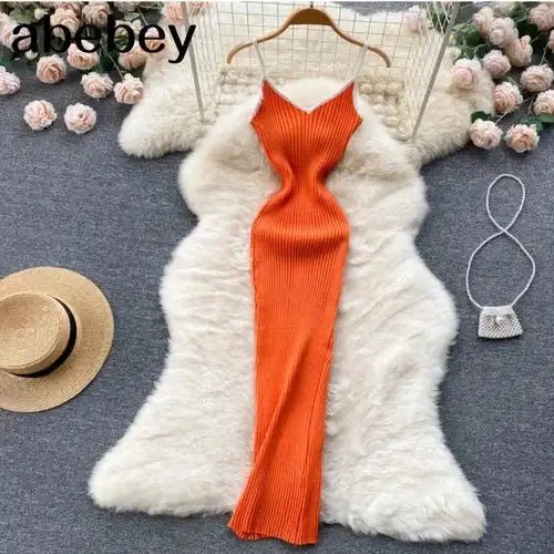 Summer V Neck Knit Sexy Strap Dress Women Elatic Waist Bodycon Sundress Female Beach Backless Maxi Long Dress