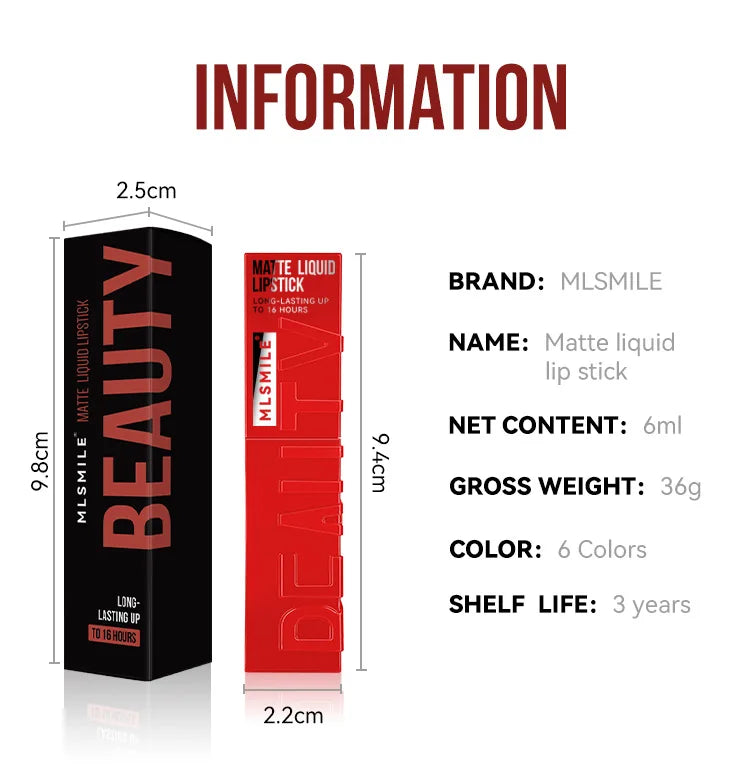 MLSMILE 6 Color Non-stick cup Velvet Satin Gloss Lip glaze Mist Liquid matte lipstick Waterproof long-lasting color liquid