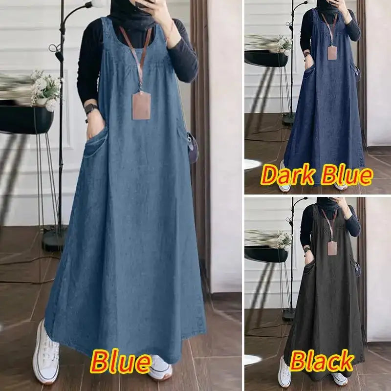 Summer Muslim Long Dress Abaya ZANZEA Women Vintage Sleeveless Denim Blue Maxi Vestidos Dubai Robe Casual Loose Ramadan Sundress - Lootquake