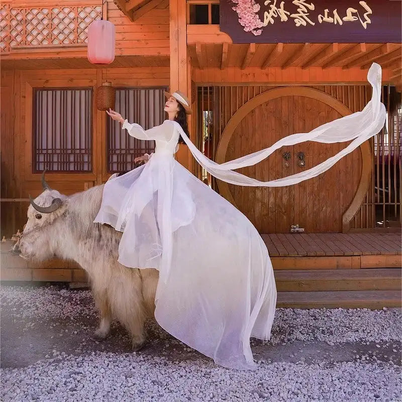 2025 Spring/Summer Silk Dress with Charm Seaside Vacation Beach Dress Red Extra Long Tailed Long Dress White Elegant And Gracefu - Lootquake