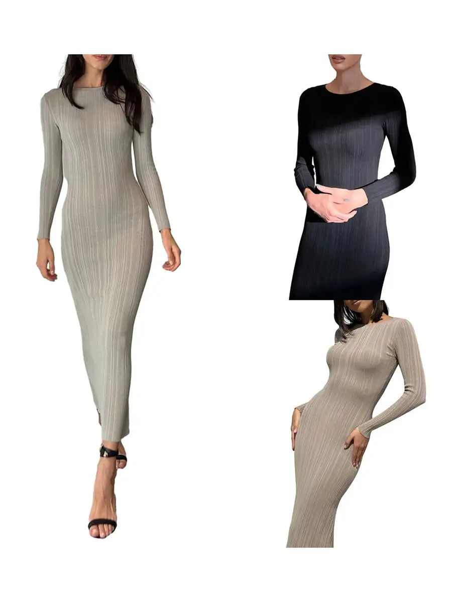 Autumn Winter Solid Color Bodycon Knit Dress Women Long Sleeve Crew Neck Ribbed Dress Slim Fit Long Dress - Lootquake