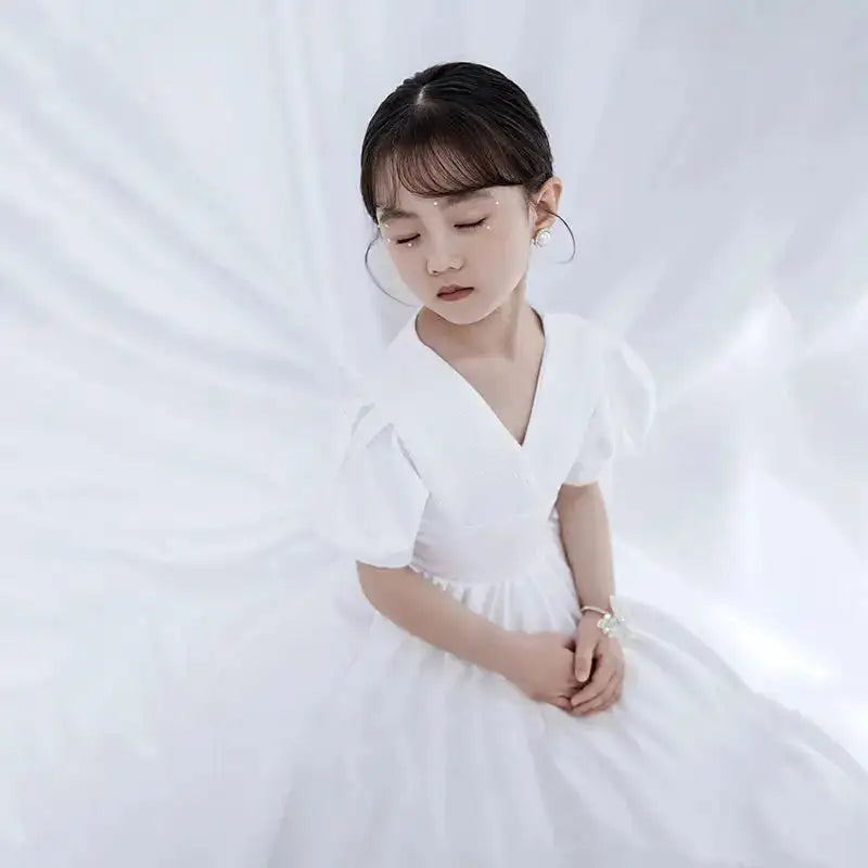 Children's Dress V-Neck White Patchwork Bow Short Sleeve Summer Clothes Fashion Girls Birthday Party Princess Long Dress 3-8year - Lootquake