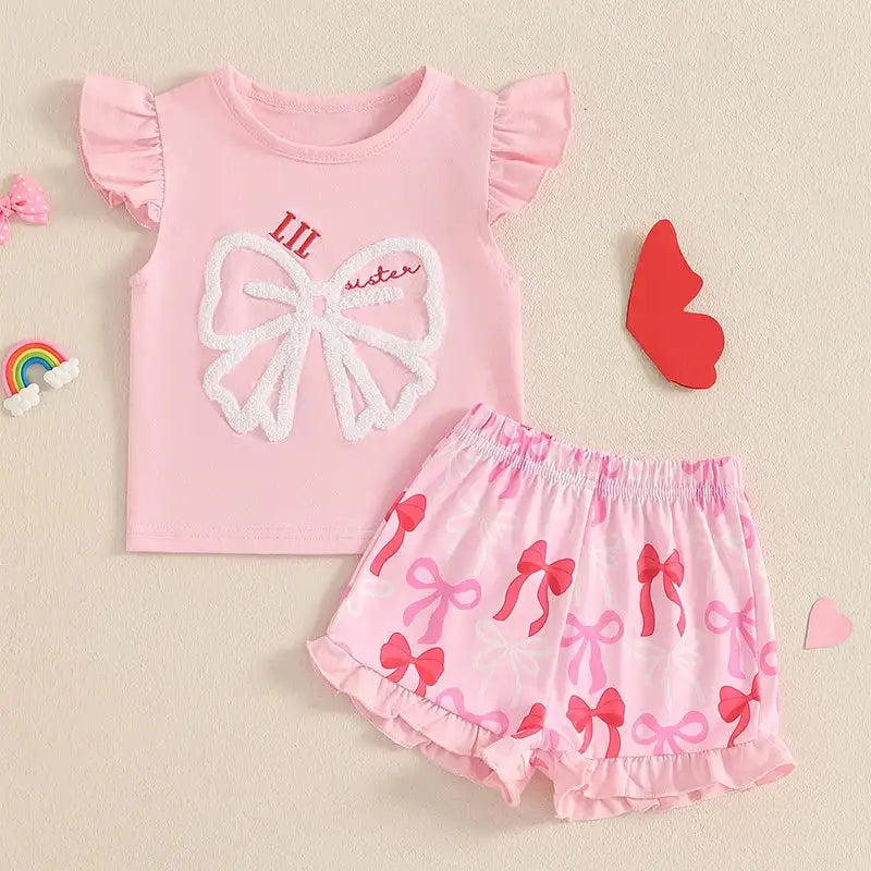 Cute Matching Baby Toddler Brother Outfit Bow Fly Sleeve Tops Elastic Waist Ruffle Shorts 2 Piece Summer Set for Siblings - Lootquake