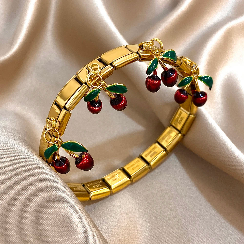 Greatera Cherry Pendant Pattern Bangle For Women Trendy 9mm Wide Design Bracelet Tide Delicacy Creative Euro-american Jewelry - Lootquake