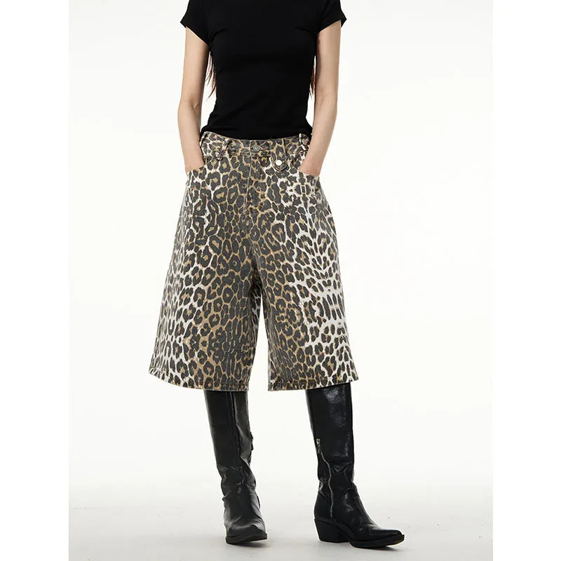 American Retro High Street Casual Overalls Leopard Print Loose Wide Leg Pants For Women Y2k Hip-hop Cargo Grunge Baggy Trousers - Lootquake