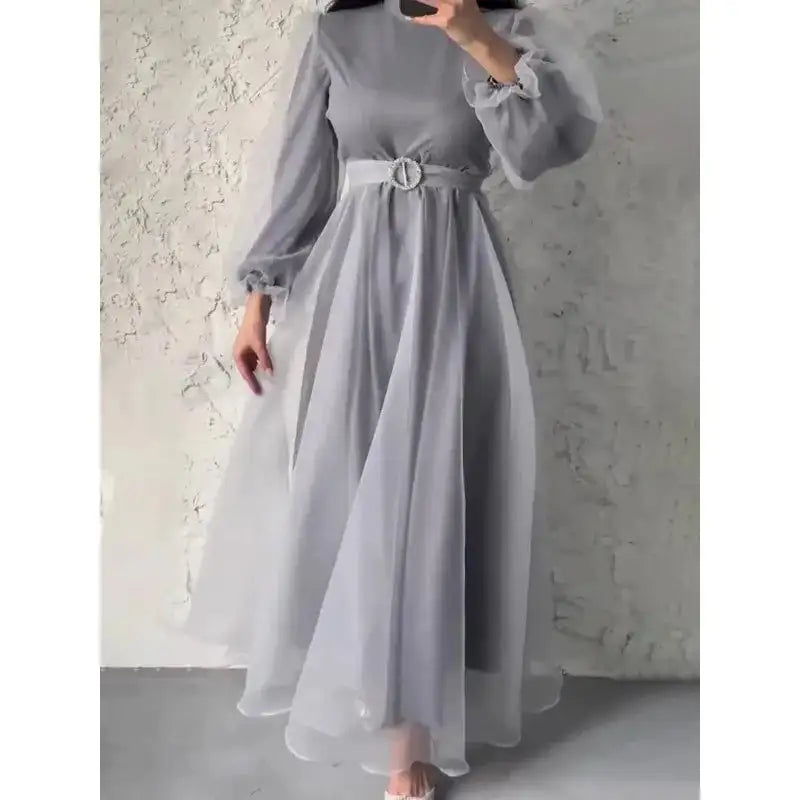 Spring Elegant Mesh Dress Muslim Women Fashion Solid High Waist Mesh Lantern Sleeves Long Dress Women - Lootquake