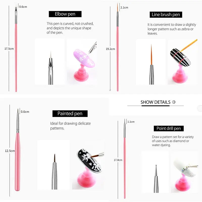 YIKOOLIN - Juego de 20 pinceles para manicura, esmalte de gel UV, kit de diseño de uñas acrílicas, herramientas de pintura DIY para manicura artística