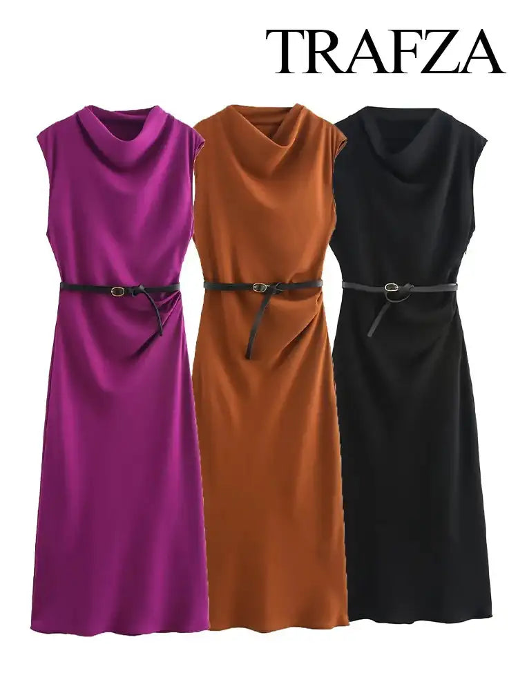 TRAFZA Women's Autumn New Fashion Versatile Belted Midi Slim Long Dress Female Elegant High Street Sleeveless Casual Dress Mujer - Lootquake