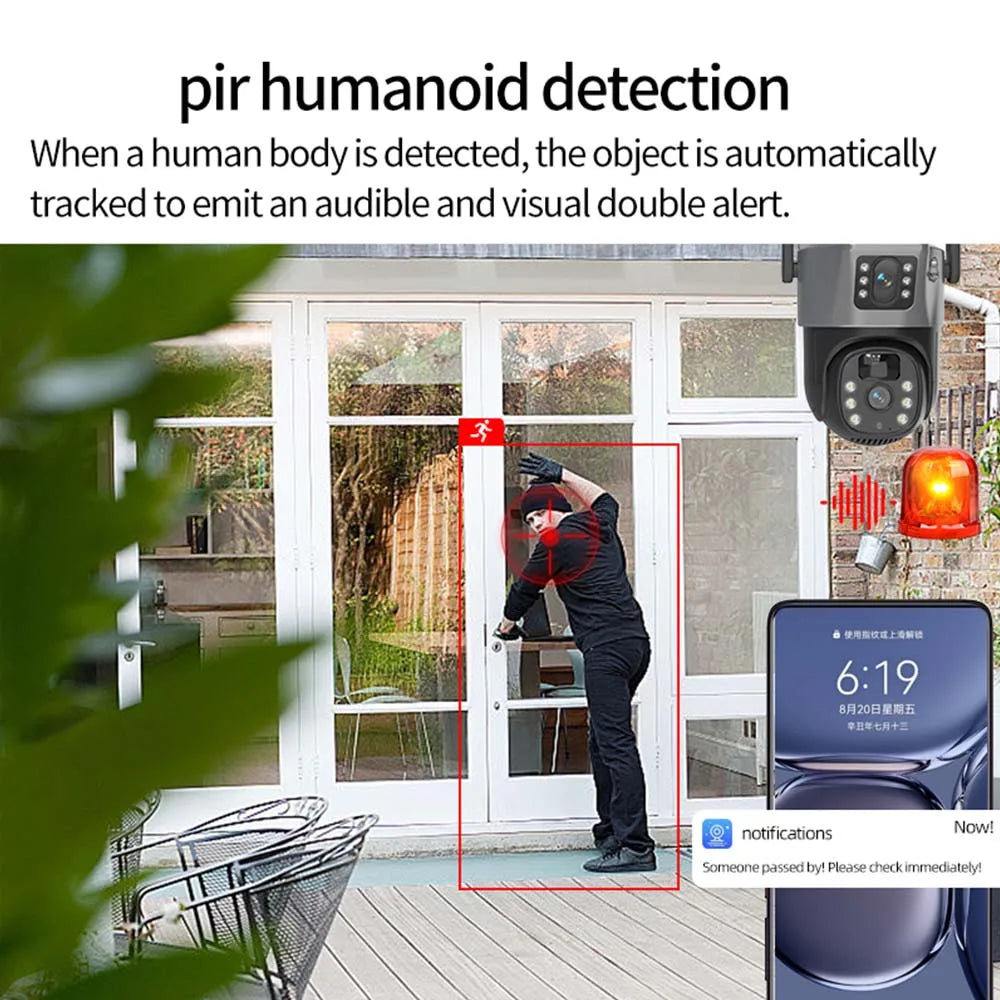 Caméra de surveillance extérieure sans fil WiFi 8MP 4K avec panneau solaire et double objectif PTZ IP