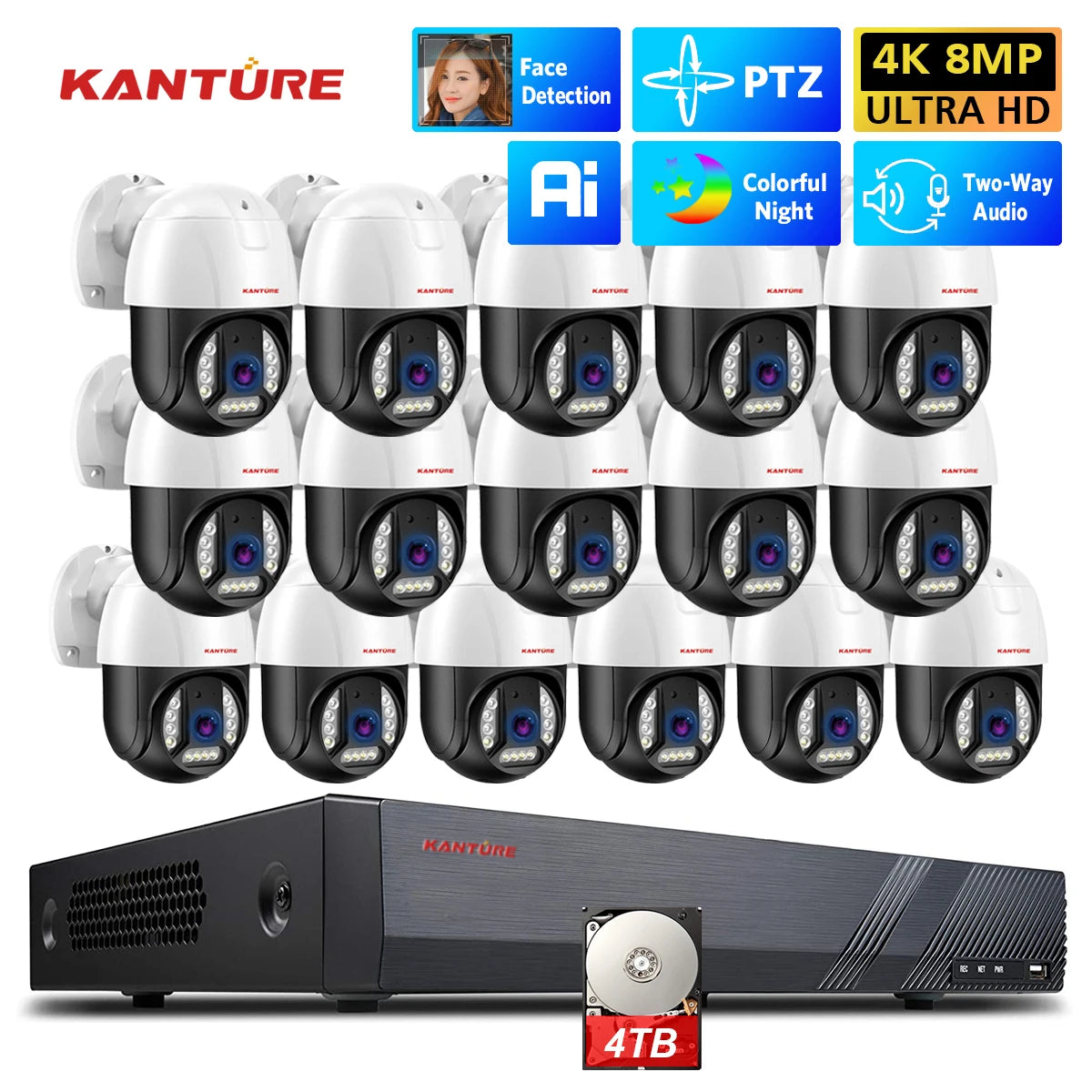 Kit NVR XMEYE de 16 canales POE, sistema de cámara de seguridad PTZ 4K, detección facial IA de 8 MP, audio bidireccional, cámara de visión nocturna a color y resistente al agua.