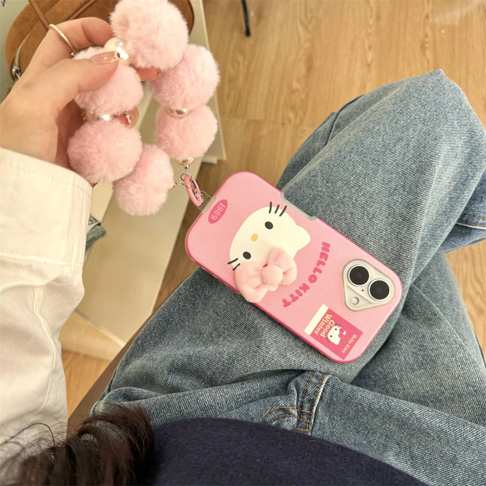 Funda de cuero para teléfono de Hello Kitty con lazo rosa de lujo