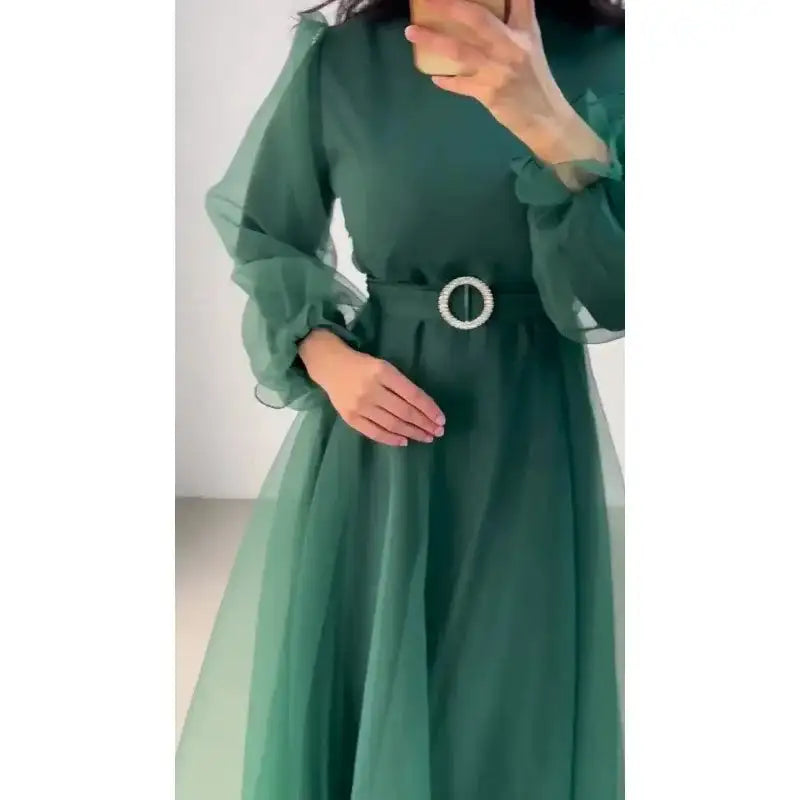 Spring Elegant Mesh Dress Muslim Women Fashion Solid High Waist Mesh Lantern Sleeves Long Dress Women - Lootquake