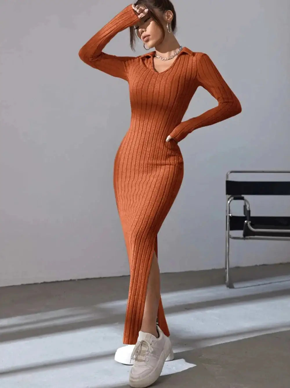 2024 Spring/Summer Knitted Dress Slim Fit Fashion Casual Women's Lapel Long sleeved Dress Concave Stripe Solid Color Long Dress - Lootquake