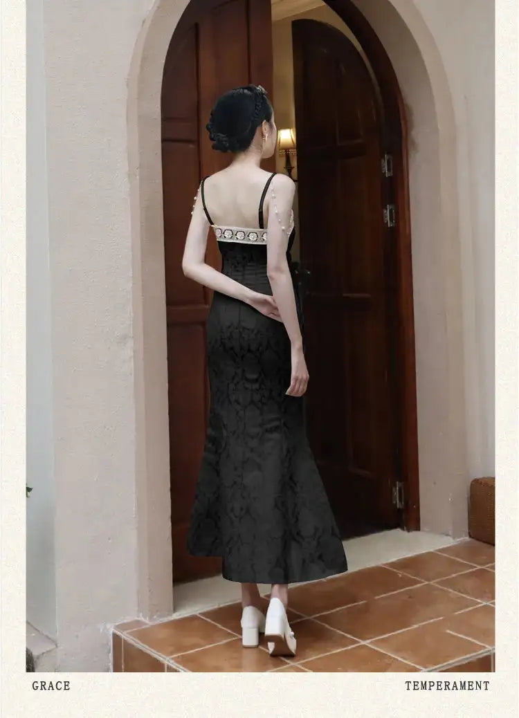 Summer Women Gorgeous Party Mermaid Prom Dress Spaghetti Strap Pearl Beading Ruffles Dress Feminine Backless Trumpet Long Dress - Lootquake