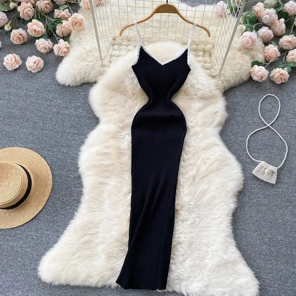 Summer V Neck Knit Sexy Strap Dress Women Elatic Waist Bodycon Sundress Female Beach Backless Maxi Long Dress - Lootquake