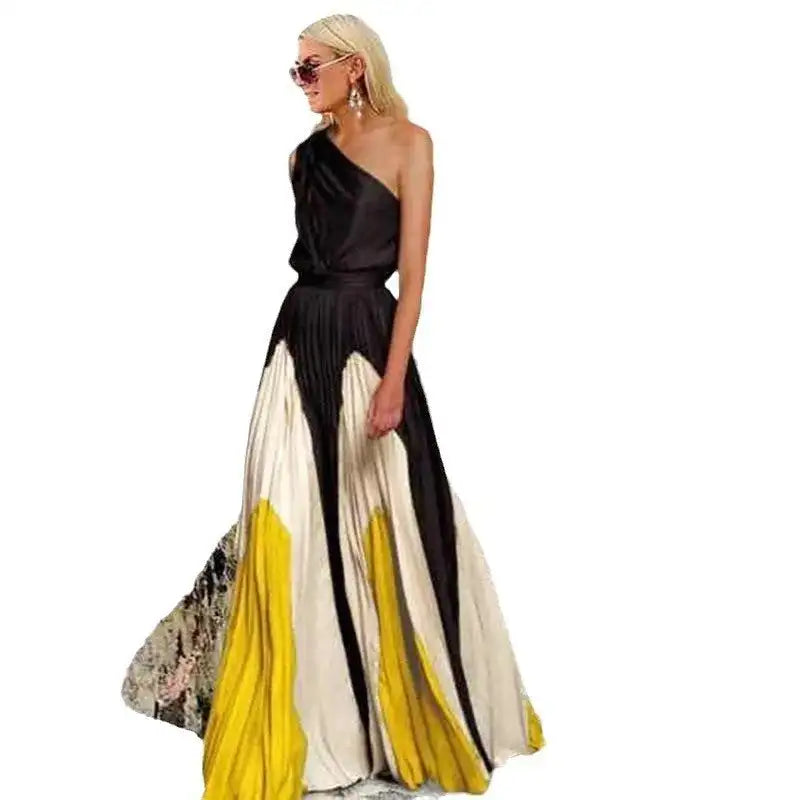 2024 Spring Summer New One Shoulder Dresses Women Splicing Print Off Shoulder Loose Long Dress Fashion Ladies Commuting Vestidos - Lootquake