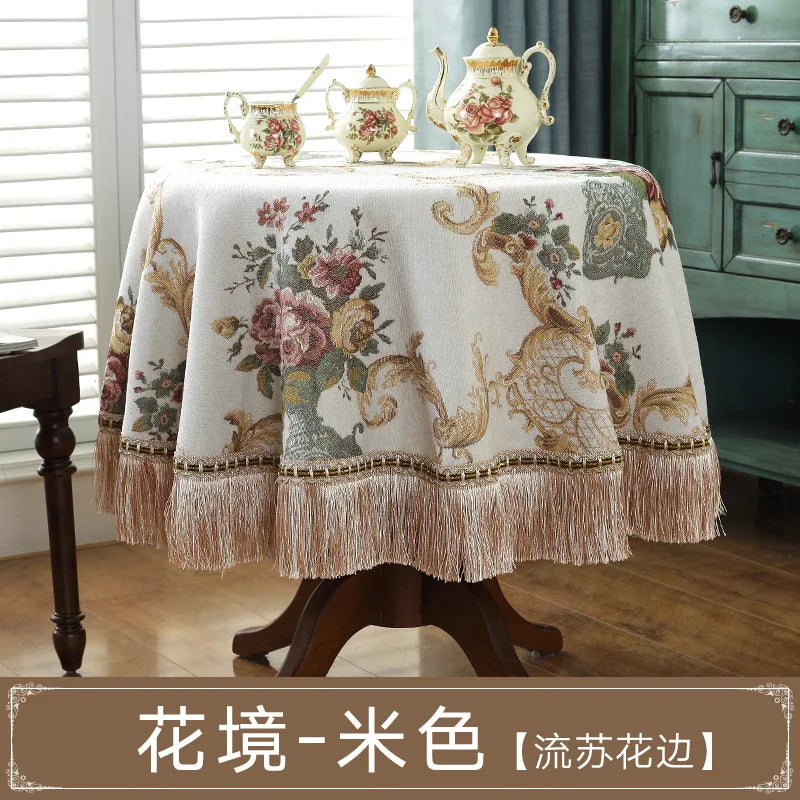 European Retro Style Jacquard Tablecloth Chenille Tassels Home Furnishings Living Room Decorate Dustproof Round Tablecloth