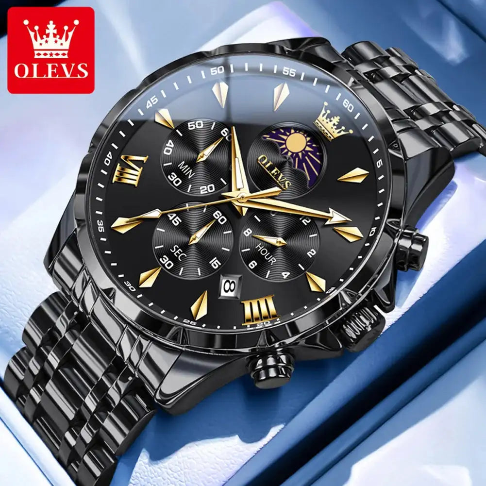 OLEVS 3653 Men Watch Luxury Brand Quartz Watch Multi functional Automatic Date Timer Watch Waterproof Luminous Moonphase Watch - Lootquake
