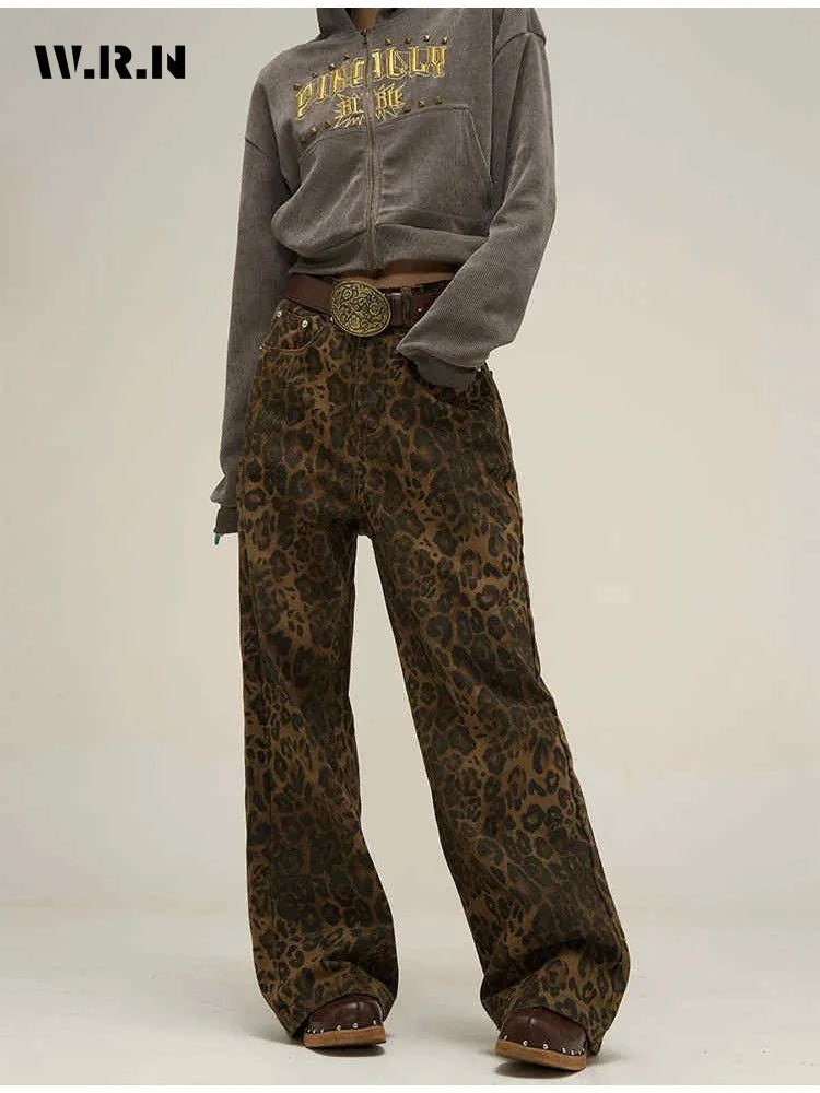 Women's American Vintage Leopard Print Washed Thin Jeans Street Casual Neutral Style DenimTrousers High Waist Straight Pants - Lootquake