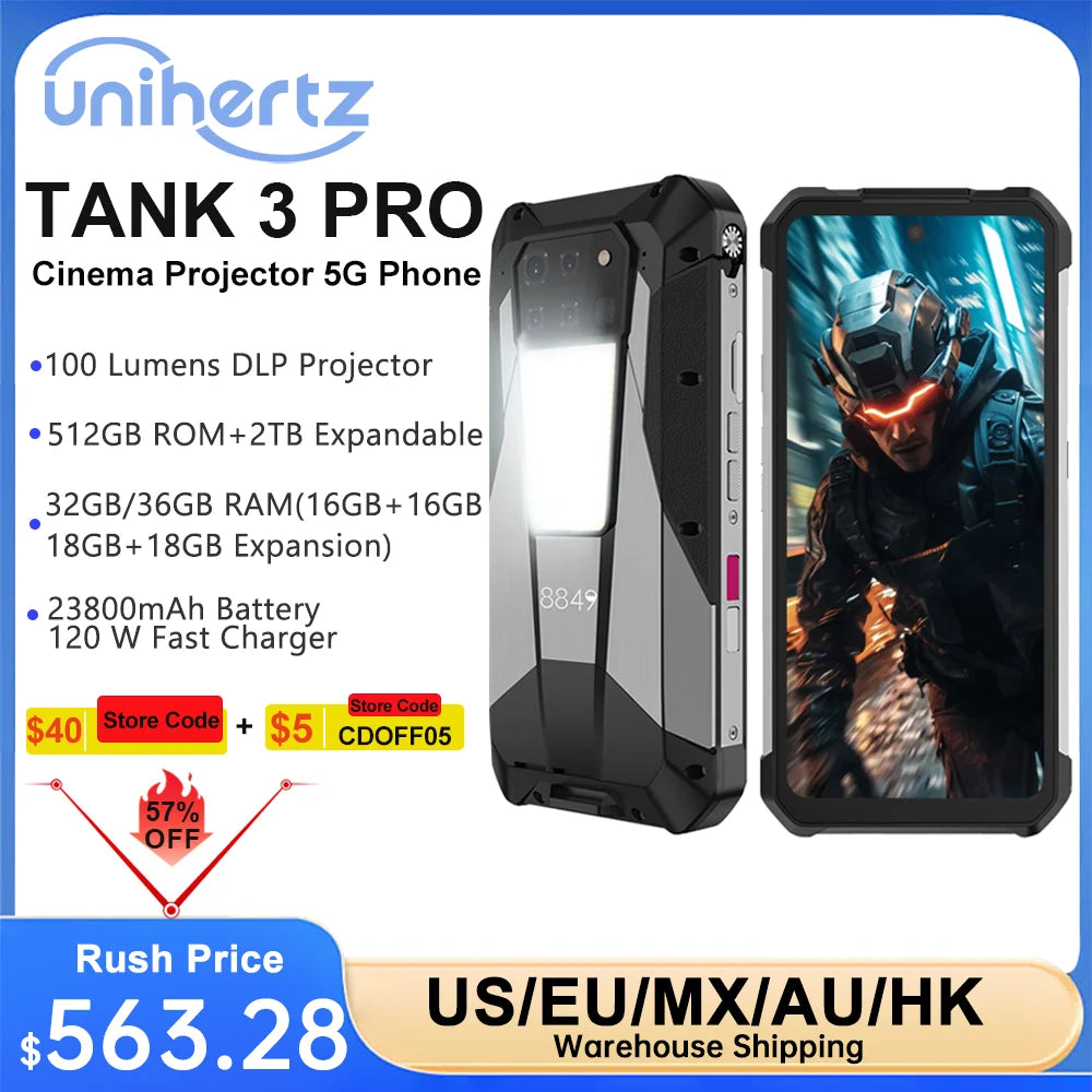 Unihertz Tank 3 Pro 8849 Projecteur Smartphone Android 5G Téléphone 32/36 Go 512 Go Dimensity 8200 120W Chargeur rapide 200MP Téléphones portables