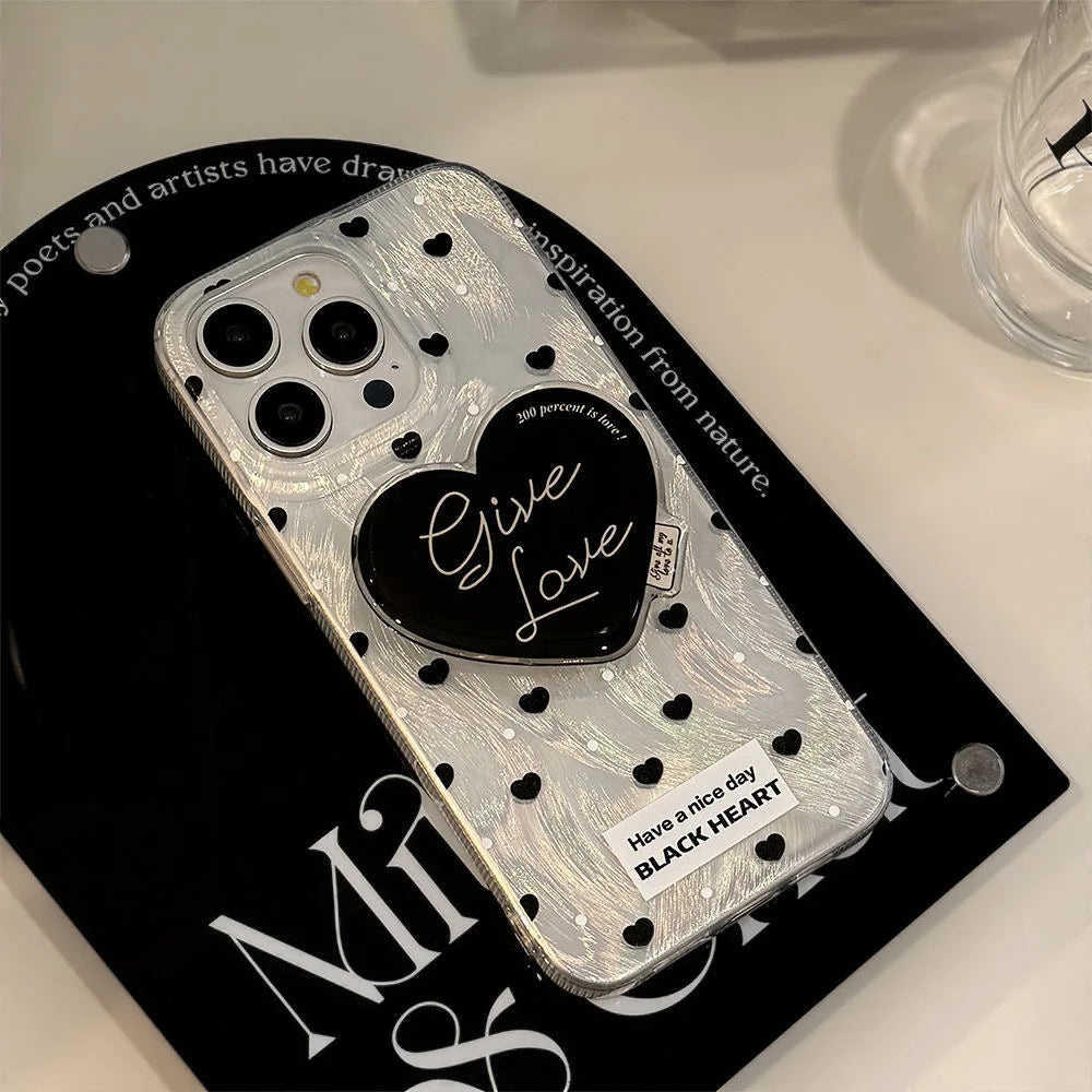 Estuche para teléfono con soporte para Tok con agarre en forma de corazón rojo y negro con láser deslumbrante