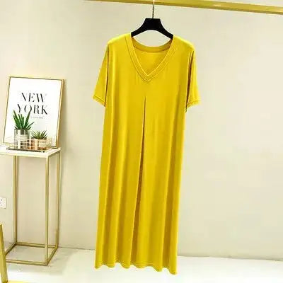 Modal Cotton Short Sleeved Nightdress for Women's Summer Casual Home Sleepwear V-neck Pleated Oversized Loose Hem Mid-Long Dress - Lootquake