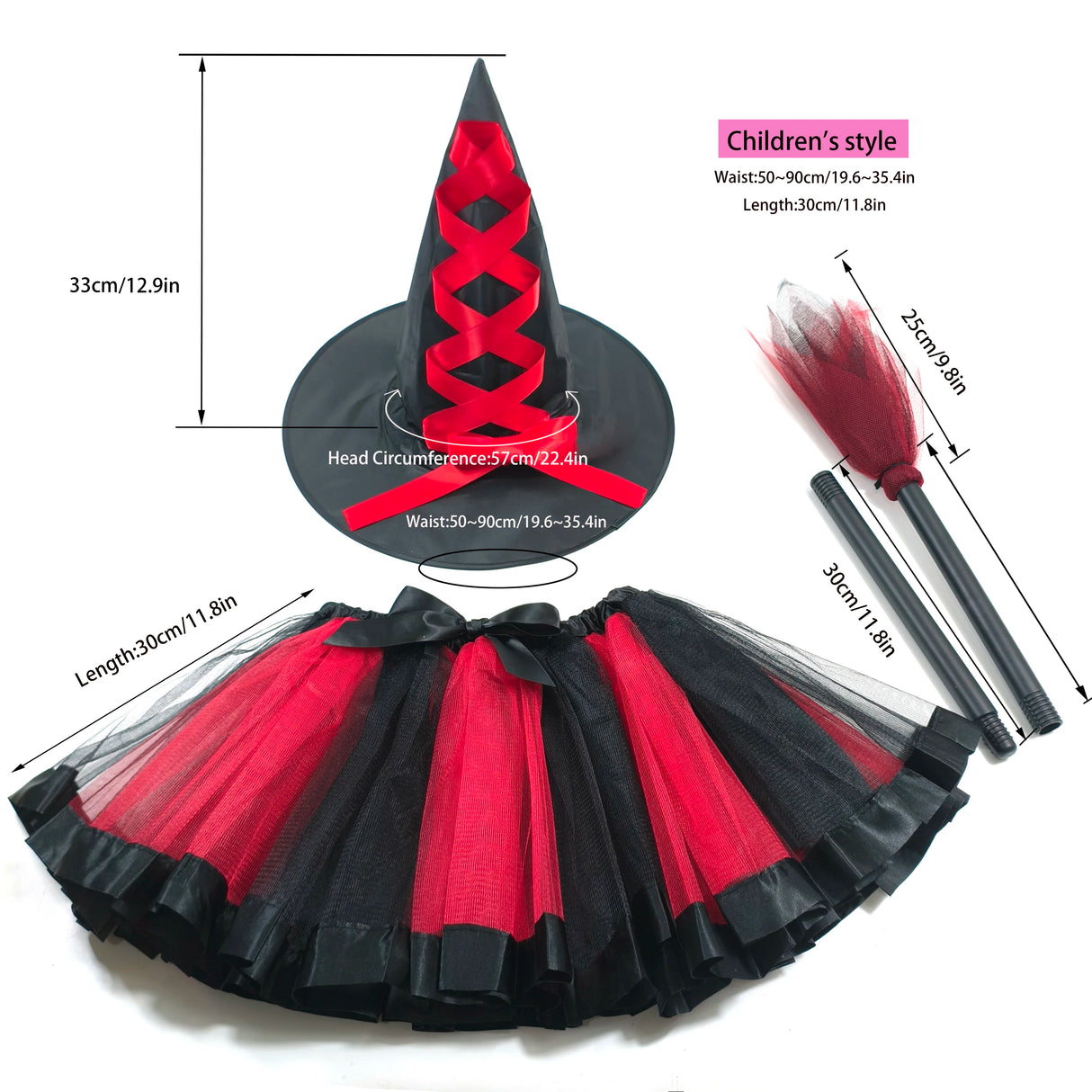 Girl's Halloween Witch Costume Set for Cosplay Parties Includes Breathable Soft Lining Skirt Broom Hat for Children