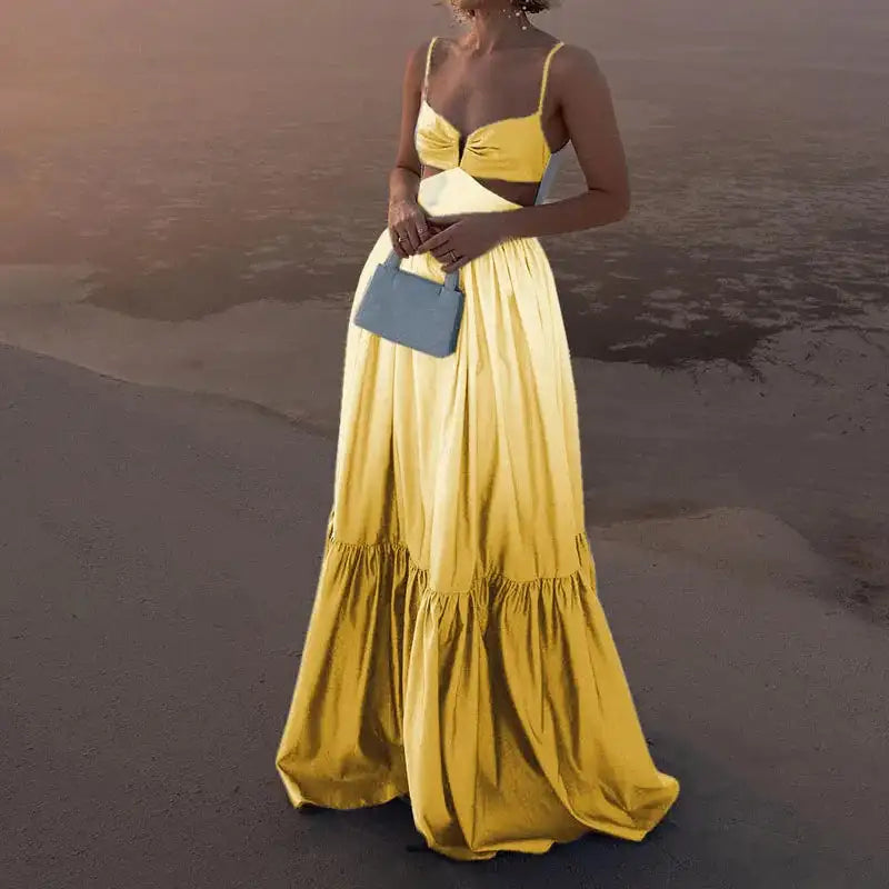 2024 New Spaghetti Strap Gradient Print Long Dress Lady Sexy V-neck Hollow Backless Evening Dress Elegant Sleeveless Slim Dress - Lootquake