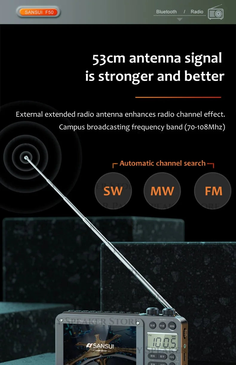 Enceintes Bluetooth sans fil SANSUI, radio pleine bande, lecteur vidéo LED HD, baladeur MP4 portable, batterie rechargeable intégrée