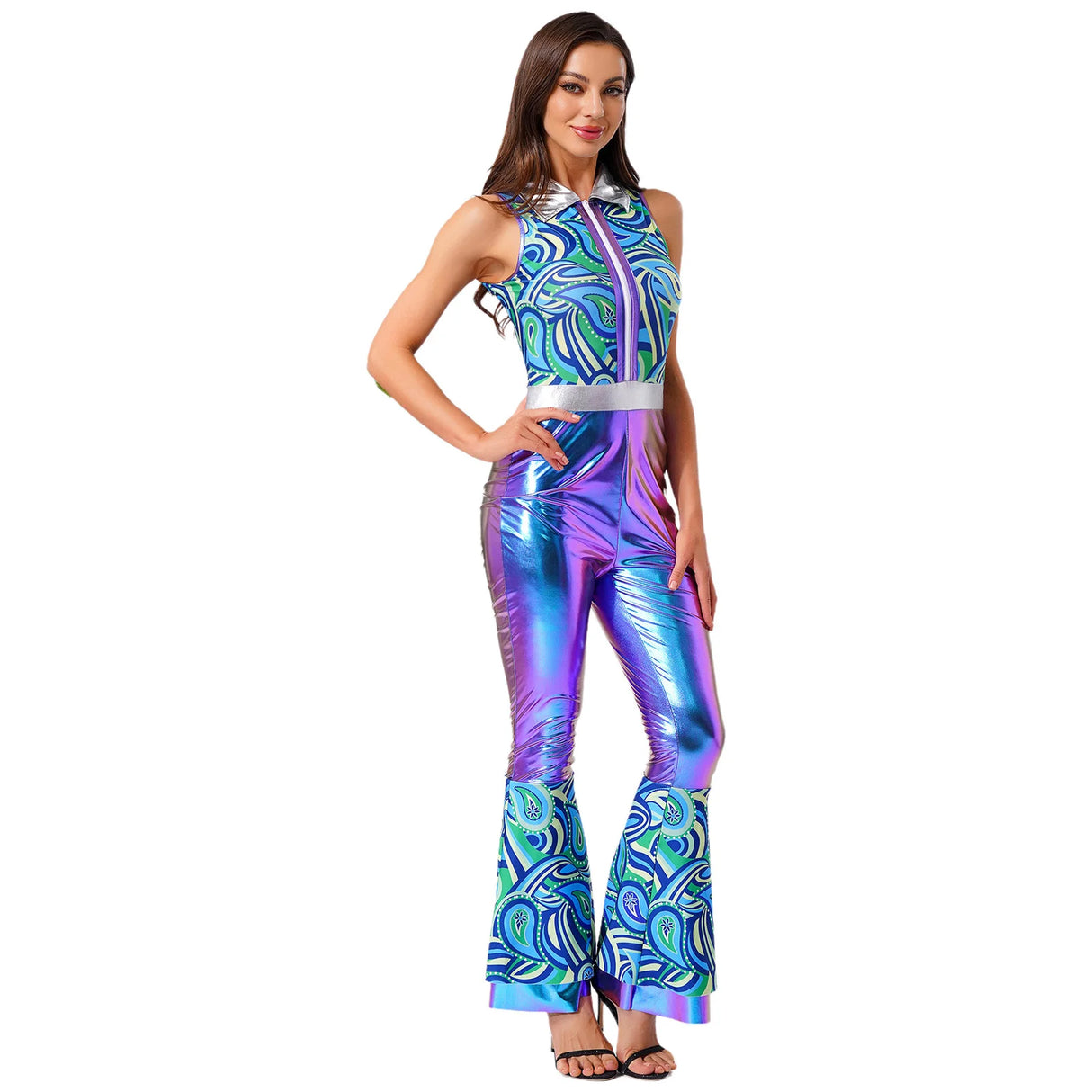 Womens Halloween Retro Hippie Cosplay Costume Party Hip-hop Dance Costume Metallic Shiny Vintage Carnival Bodysuit Jumpsuit