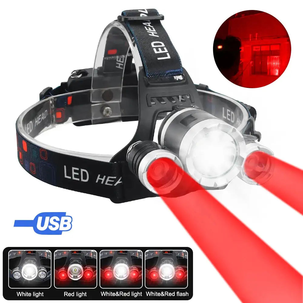 Headlamp Green/Red/UV395nm+White Dual Light Rechargeable Fixed Focus Waterproof 4Modes Headlight Hunting Camping Hiking Working - Lootquake