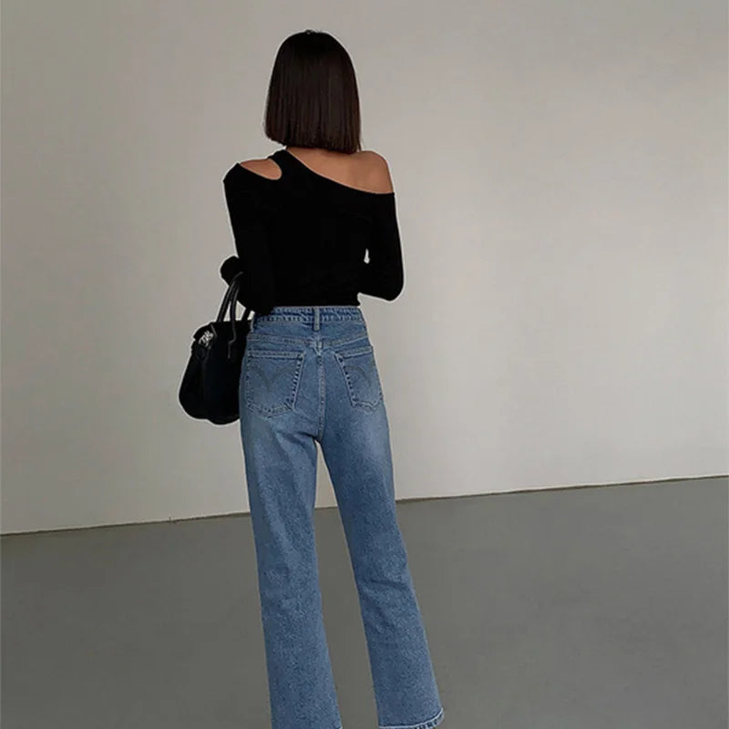 Fashion Skew Collar Off-shoulder Long-sleeved T-shirts Women Spring 2025 New Solid Slim Fit Crop Top Sexy Hollow Out Tees Shirts - Lootquake