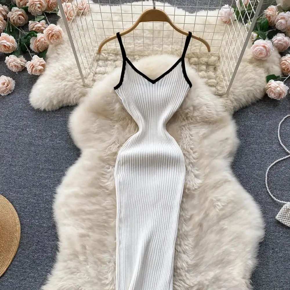 Summer V Neck Knit Sexy Strap Dress Women Elatic Waist Bodycon Sundress Female Beach Backless Maxi Long Dress - Lootquake