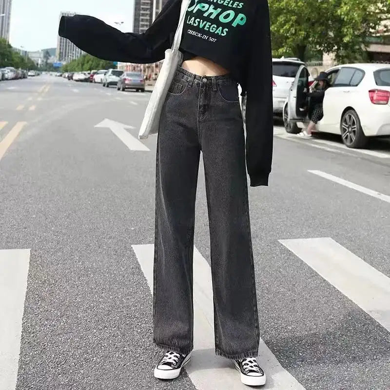 High-waisted Slimming Loose-fit Women's Jeans Stylish Trendy Draped Straight-leg Bell Bottoms Denim - Lootquake