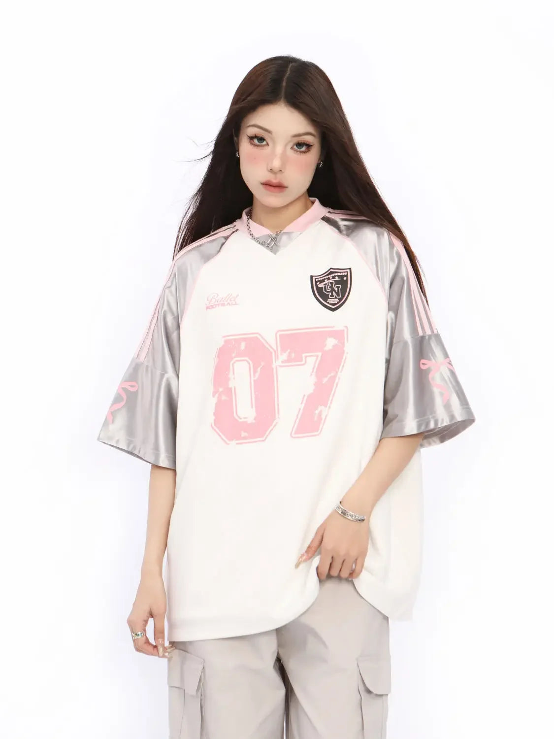Silver 2024 New Summer Retro Number 3 Jersey for Women Street Contrasting Patchwork Mesh V-neck Oversize Short Sleeved T-shirt - Lootquake