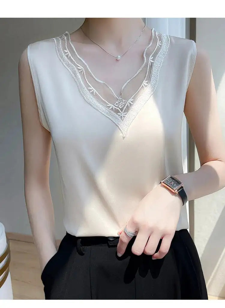 new woman clothing vest camis Tank top women's suit bottom lace lining 2024 summer new silk satin sleeveless top suspender vests - Lootquake
