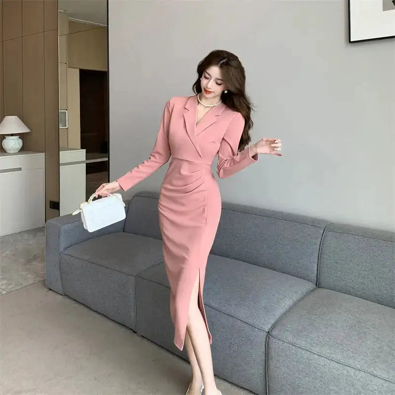 Women Pink Pleated Bodycon Formal Long Dress Autumn Winter Long Sleeve Chic Suit Dress 2025 Korean Fashion Elegant Party Dresses - Lootquake