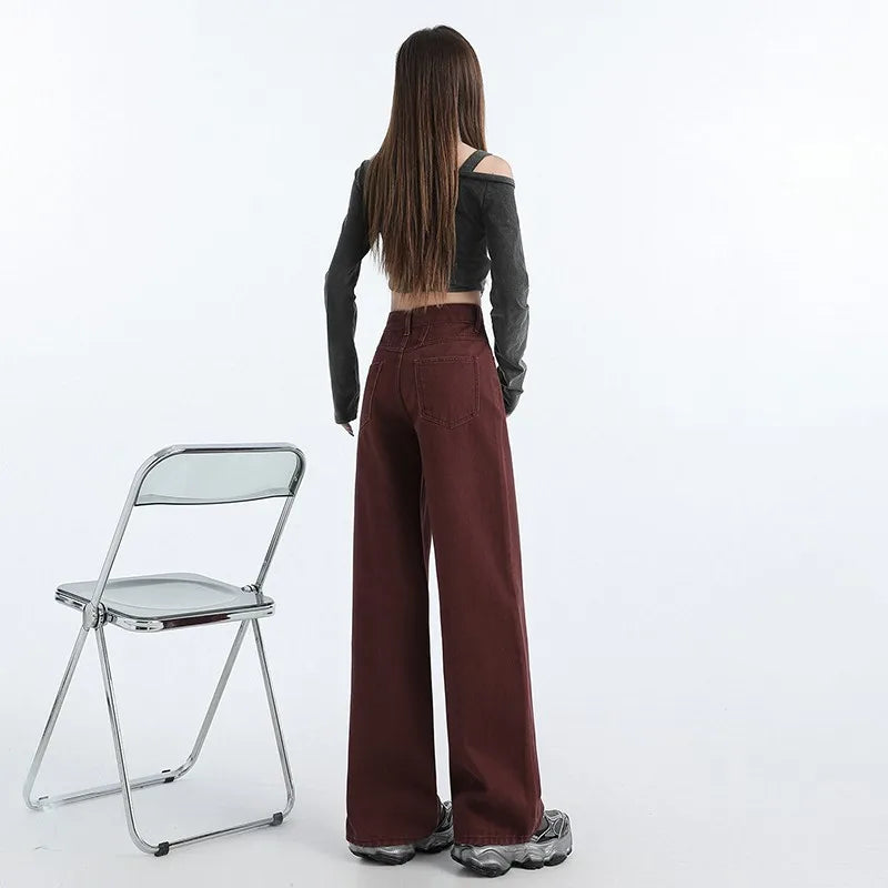 FINEWORDS Retro Angela Red Winter Jeans Women Thicken Cashmere High Waist Baggy Jeans Streetwear Casual Wide Leg Denim Pants - Lootquake