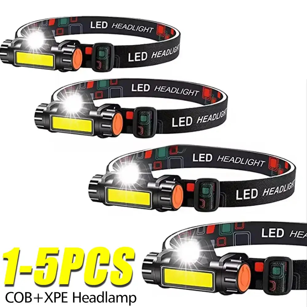 1-5PCS Portable Mini Powerful LED Headlamp XPE+COB USB Rechargeable Hunting Headlight Waterproof Head Torch with Tail Magnetic - Lootquake