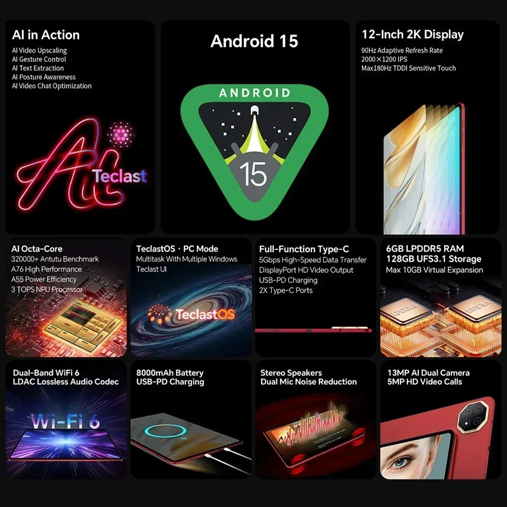 Nouvelle tablette Teclast T60 AI Allwinner A733 Octa-Core 12 pouces 2K HD TDDI écran 6 Go RAM 128 Go ROM Android 15 WiFi6 8000 mAh 13MP + 5MP