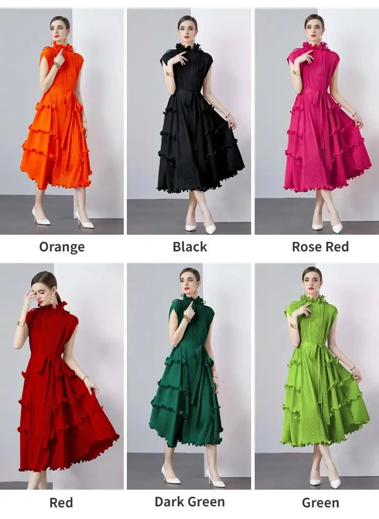 Miyake Pleated Shoulder Bag Heavy Industry Wood Ear Edge Pleated Lace-up Belt Long Dress Stand Collar Plus Size Women's Clothing - Lootquake