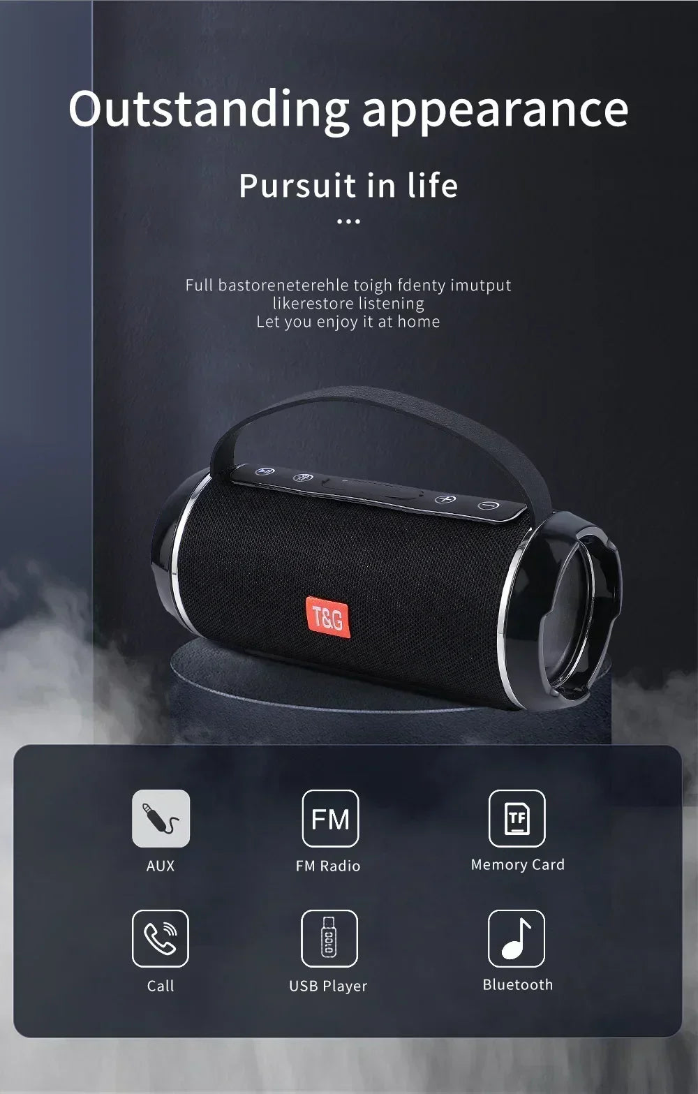 Altavoz Bluetooth T&G TG116c TWS inalámbrico, potente, portátil, para exteriores, subwoofer impermeable, sonido estéreo 3D, manos libres.