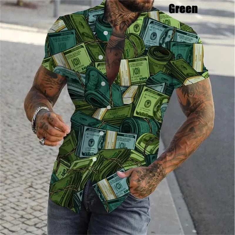 3D Print Dollar Pattern Shirts For Men Summer Short Sleeve Slim-Fit Button Up Casual Shirts Streetwear Mens Shirt Blouses Tops - Lootquake