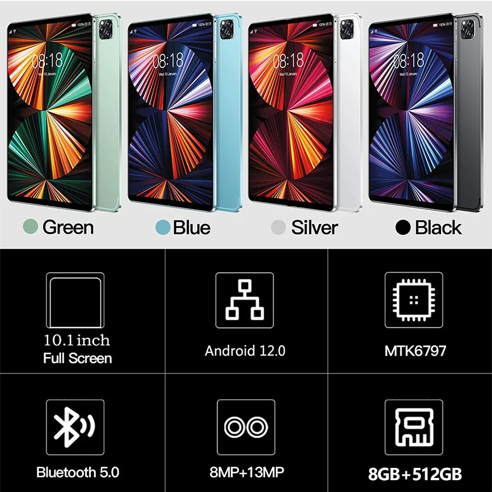 Tableta PC de 10,1 pulgadas, 8 GB de RAM, 512 GB de ROM, 10 núcleos, IA, aceleración, Google Play, 4G LTE, llamadas, SIM dual, WiFi dual, Android 12