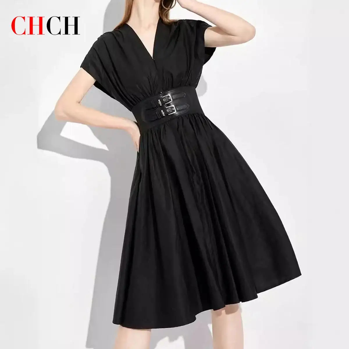 CHCH Women's Long Dress 2024 Summer New V-neck Sleeveless High Waist Slim Black Business Party Women's Wear - Lootquake